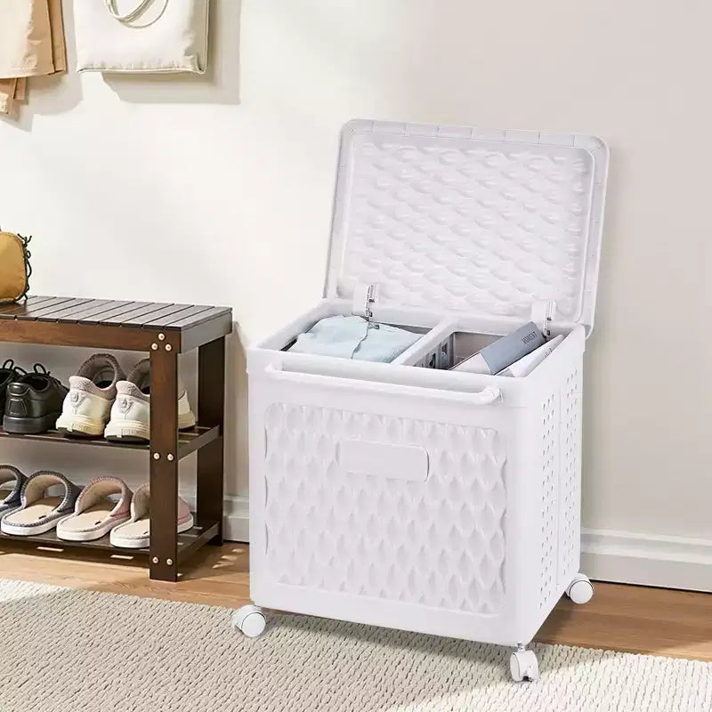 Cesto portabiancheria con coperchio e ruote – Cesta in plastica con maniglia per lavanderia o bagno, bianco