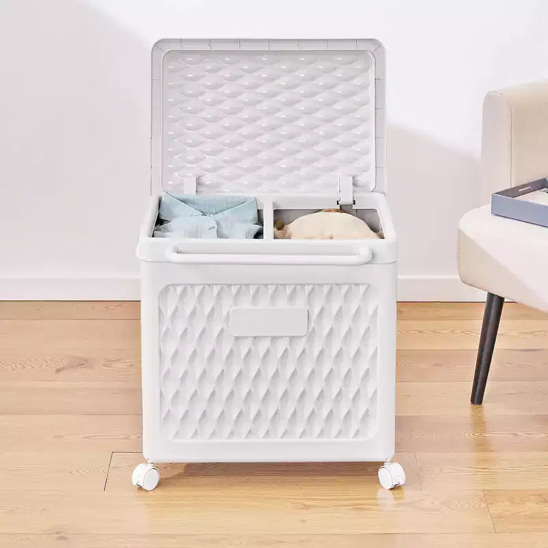 Cesto portabiancheria con coperchio e ruote – Cesta in plastica con maniglia per lavanderia o bagno, bianco
