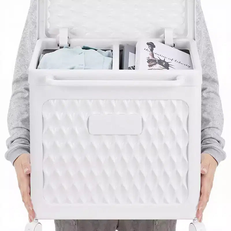 Cesto portabiancheria con coperchio e ruote – Cesta in plastica con maniglia per lavanderia o bagno, bianco