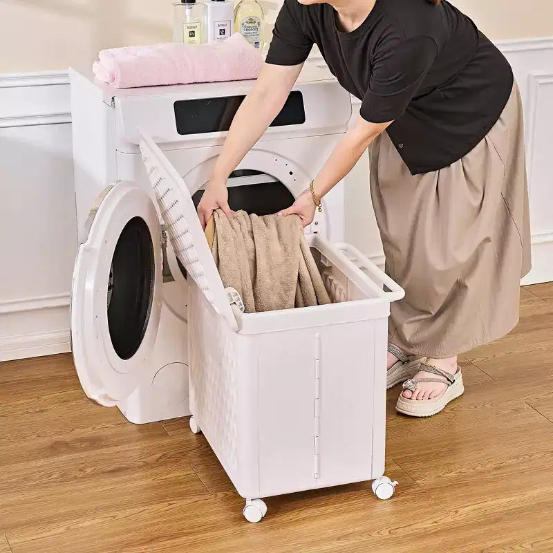 Cesto portabiancheria con coperchio e ruote – Cesta in plastica con maniglia per lavanderia o bagno, bianco