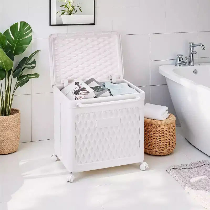 Cesto portabiancheria con coperchio e ruote – Cesta in plastica con maniglia per lavanderia o bagno, bianco