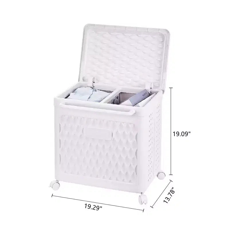 Cesto portabiancheria con coperchio e ruote – Cesta in plastica con maniglia per lavanderia o bagno, bianco