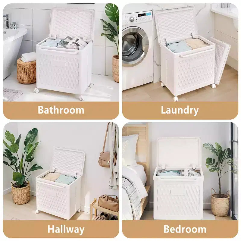 Cesto portabiancheria con coperchio e ruote – Cesta in plastica con maniglia per lavanderia o bagno, bianco