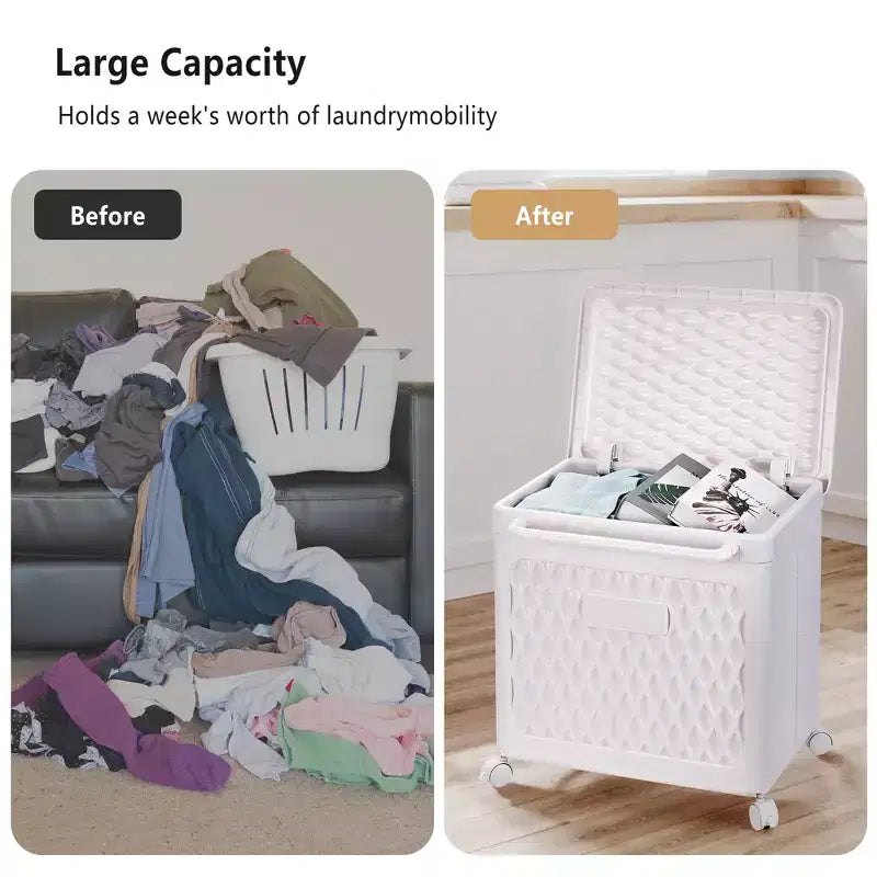 Cesto portabiancheria con coperchio e ruote – Cesta in plastica con maniglia per lavanderia o bagno, bianco
