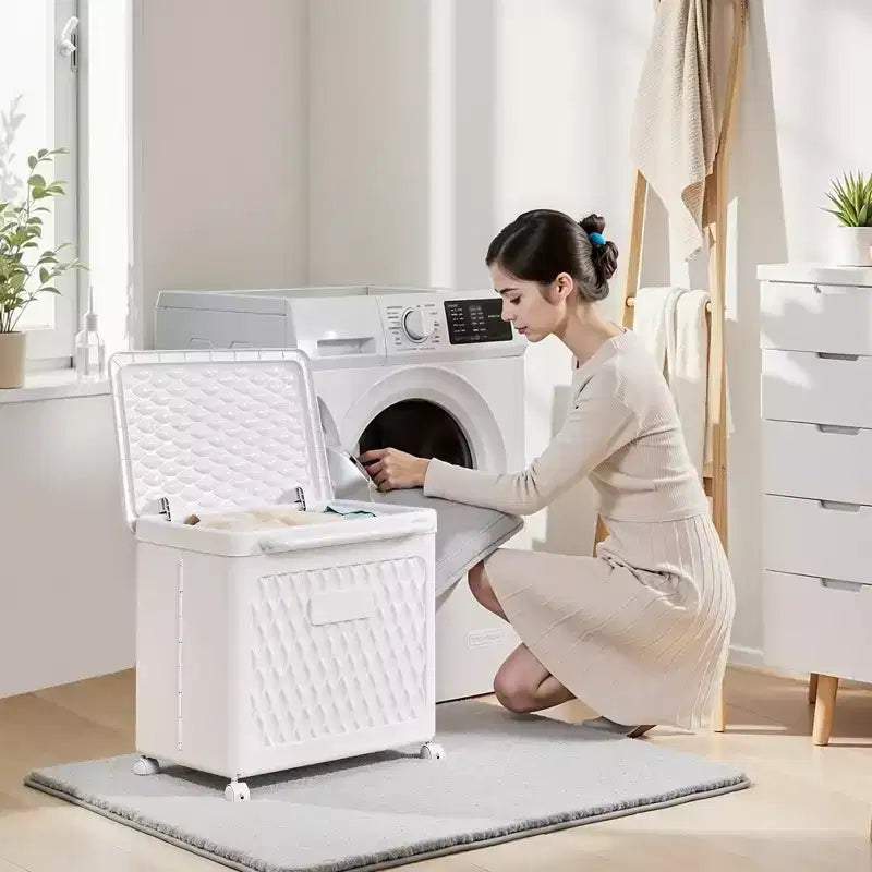 Cesto portabiancheria con coperchio e ruote – Cesta in plastica con maniglia per lavanderia o bagno, bianco