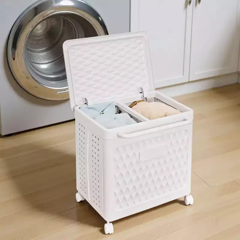 Cesto portabiancheria con coperchio e ruote – Cesta in plastica con maniglia per lavanderia o bagno, bianco