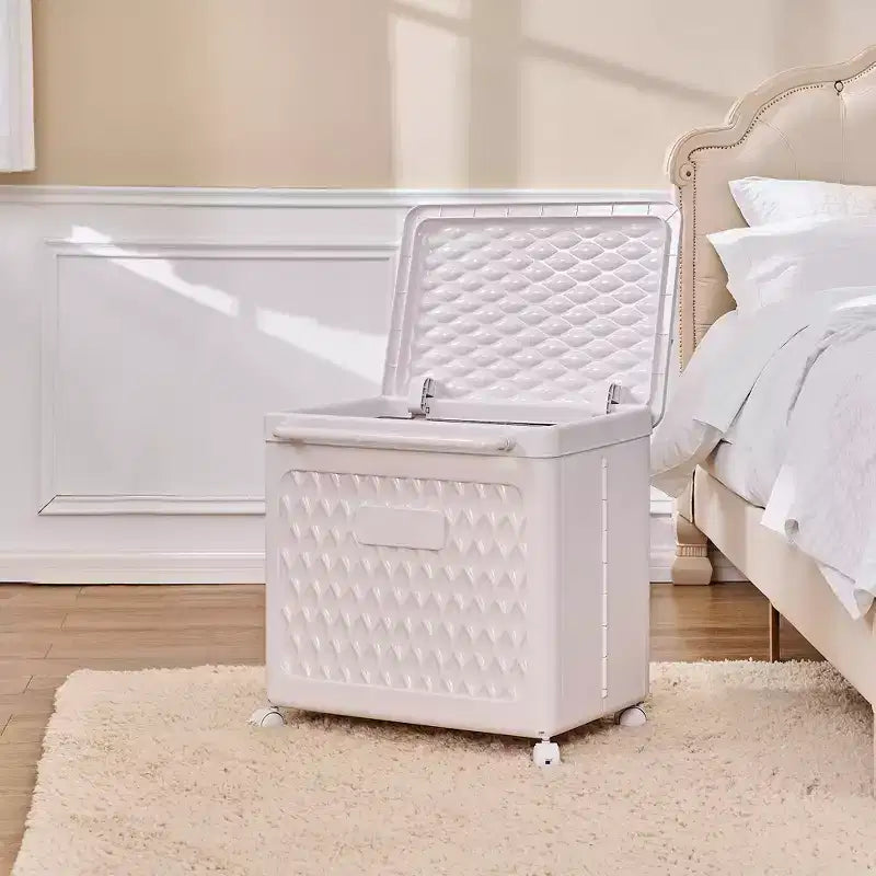 Cesto portabiancheria con coperchio e ruote – Cesta in plastica con maniglia per lavanderia o bagno, bianco