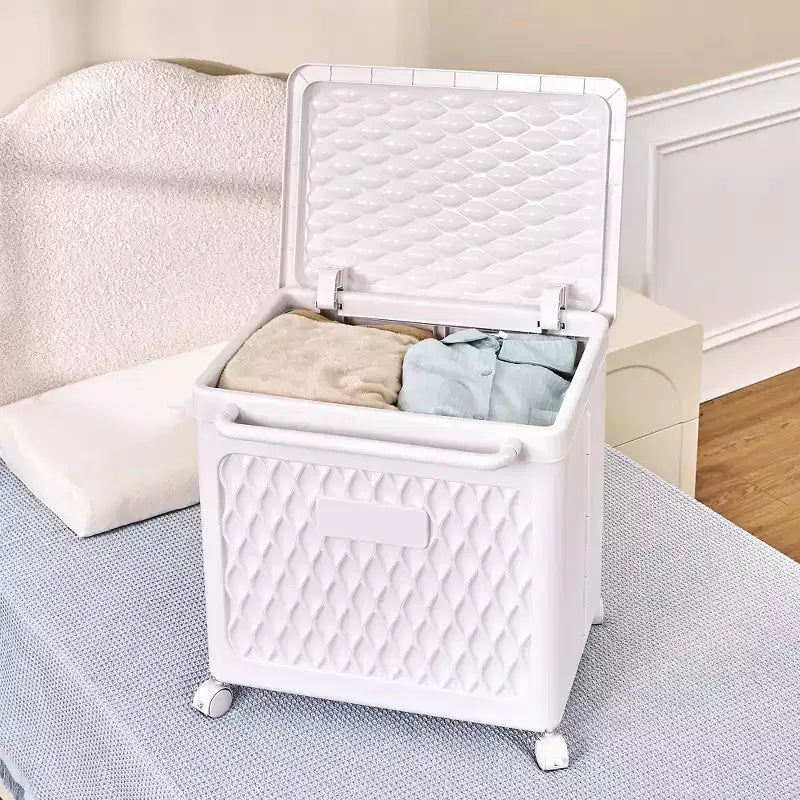 Cesto portabiancheria con coperchio e ruote – Cesta in plastica con maniglia per lavanderia o bagno, bianco