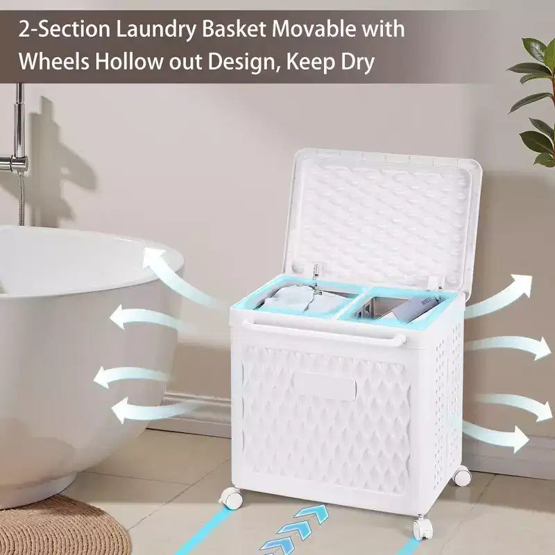 Cesto portabiancheria con coperchio e ruote – Cesta in plastica con maniglia per lavanderia o bagno, bianco