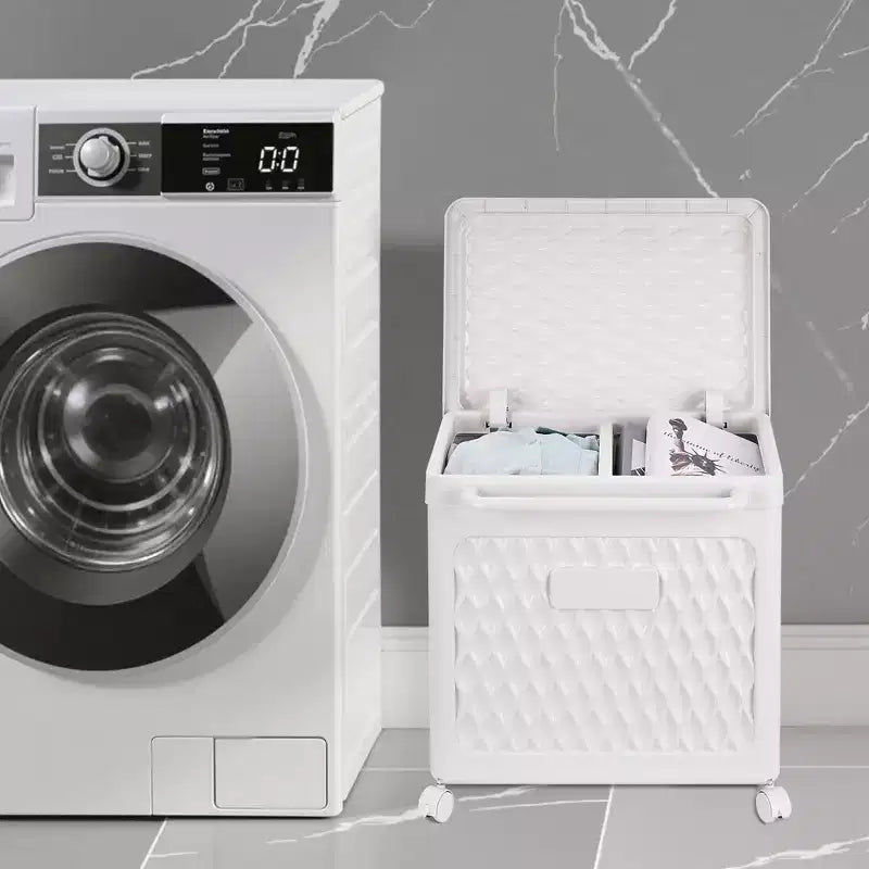 Cesto portabiancheria con coperchio e ruote – Cesta in plastica con maniglia per lavanderia o bagno, bianco