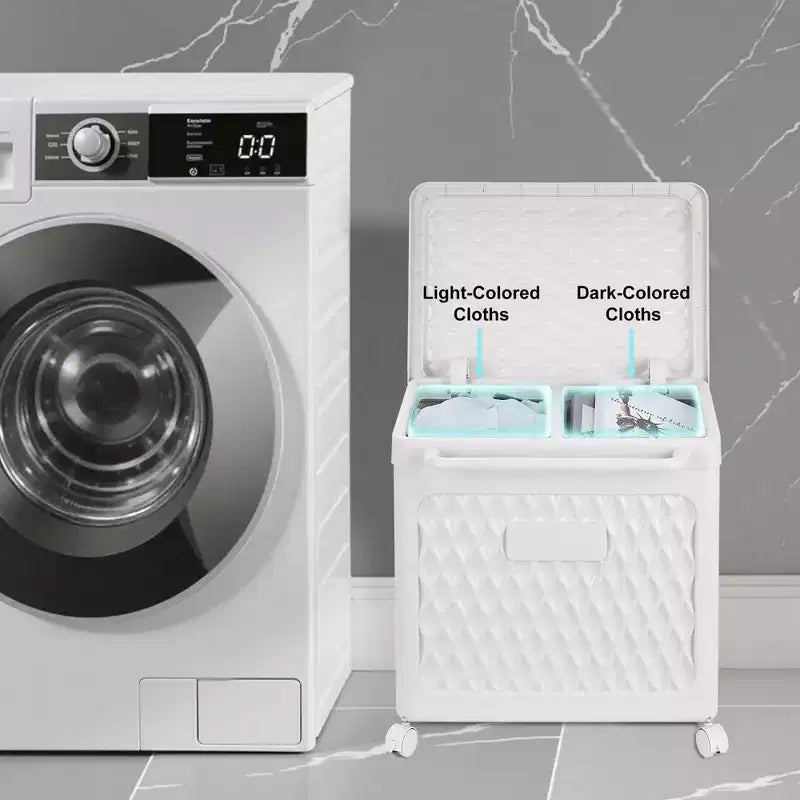 Cesto portabiancheria con coperchio e ruote – Cesta in plastica con maniglia per lavanderia o bagno, bianco