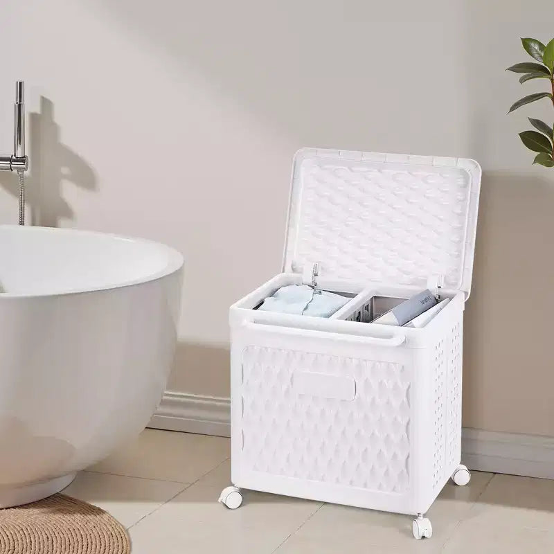 Cesto portabiancheria con coperchio e ruote – Cesta in plastica con maniglia per lavanderia o bagno, bianco