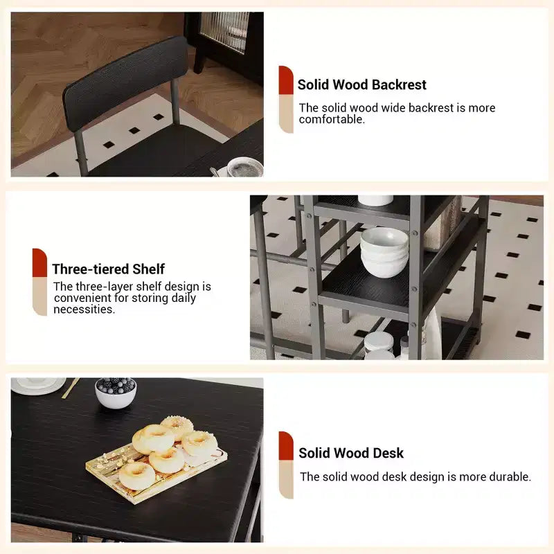 Bar Table Set for 2 with 2 PU Cushion Stools and 3 Storage Shelves, 3 Piece
