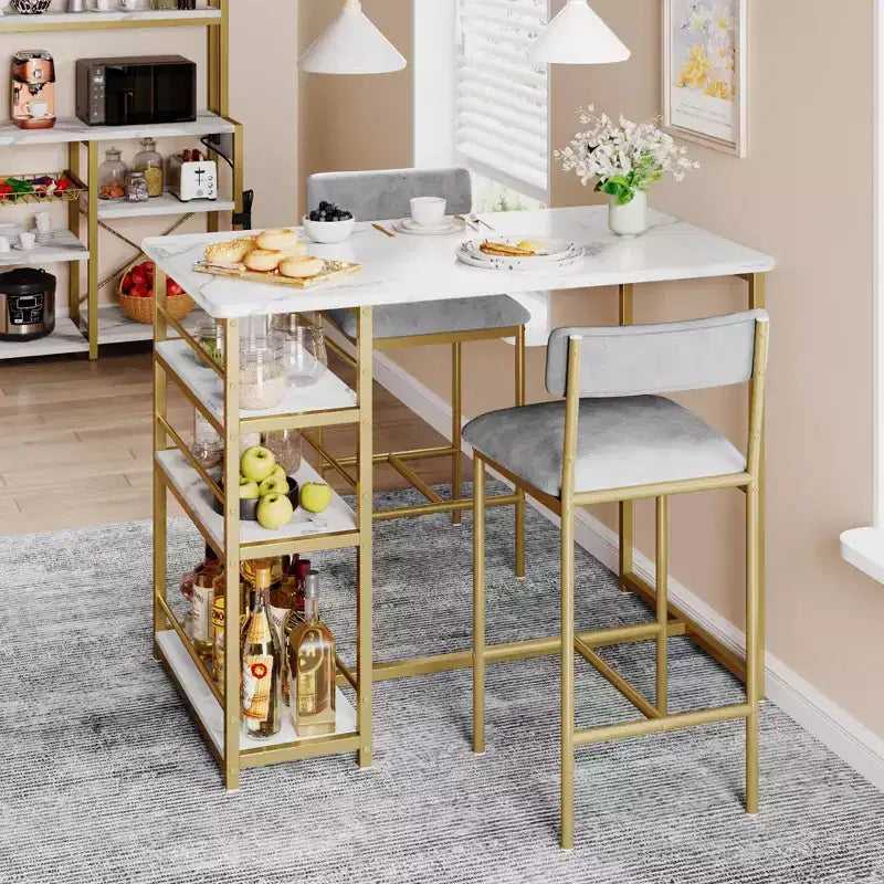 Bar Table Set for 2 with 2 PU Cushion Stools and 3 Storage Shelves, 3 Piece