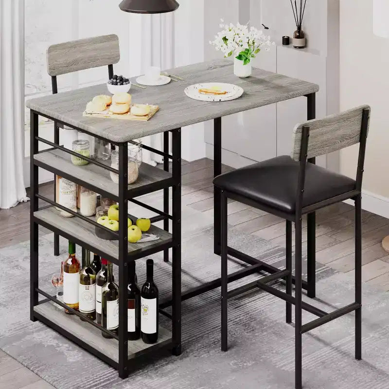 Table de Bar pour 2 Personnes avec 2 Tabourets Rembourrés en PU et 3 Étagères de Rangement, 3 Pièces