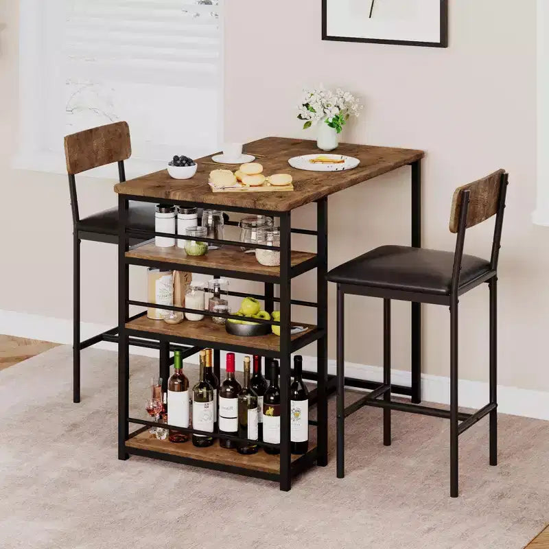 Bar Table Set for 2 with 2 PU Cushion Stools and 3 Storage Shelves, 3 Piece