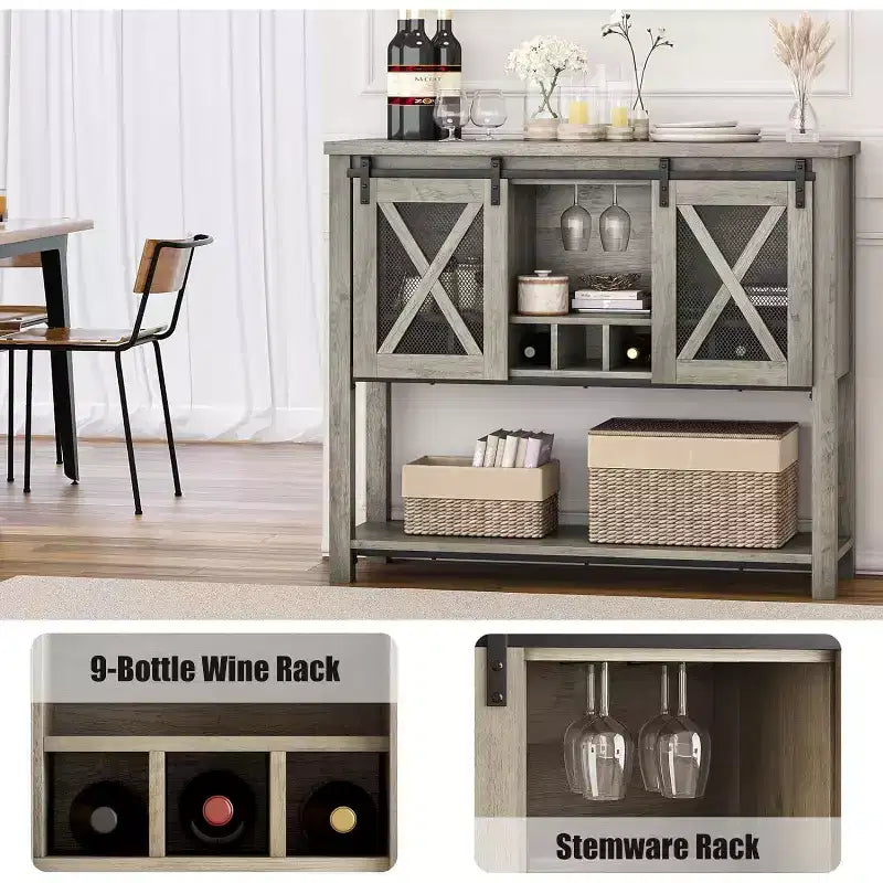 Mobile Bar da Fattoria con Porta Bicchieri da Vino - Madia a Credenza con Anta Scorrevole Stile Fienile
