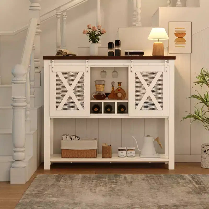 Mobile Bar da Fattoria con Porta Bicchieri da Vino - Madia a Credenza con Anta Scorrevole Stile Fienile
