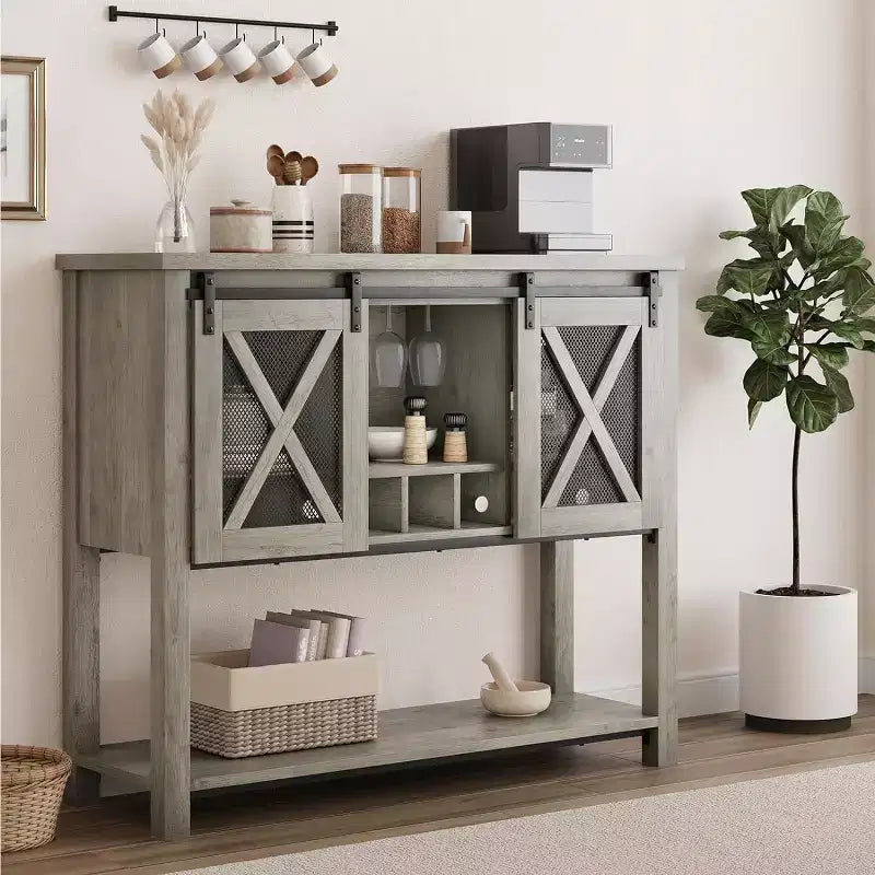 Mobile Bar da Fattoria con Porta Bicchieri da Vino - Madia a Credenza con Anta Scorrevole Stile Fienile