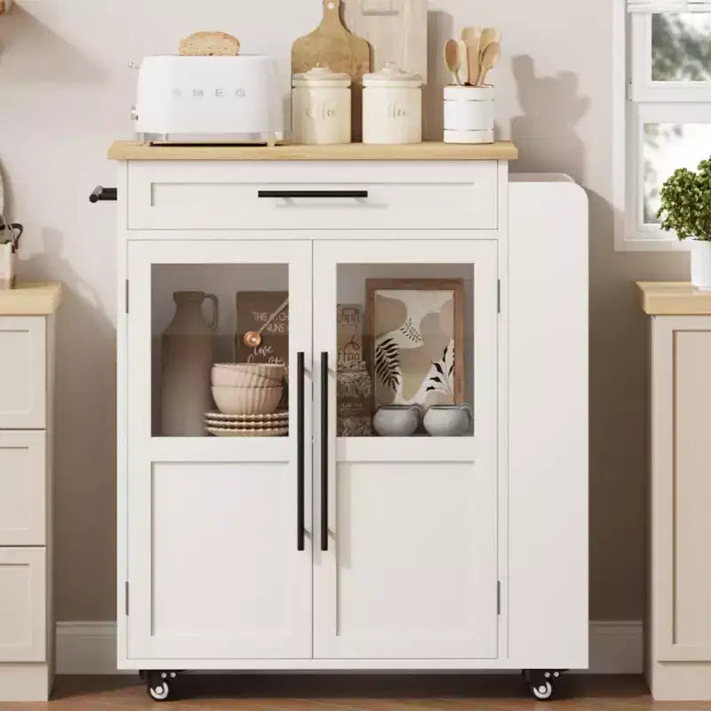 Carrello da Cucina Isola da 42 Pollici con Piano in Legno, Cassetto, Ripiani a 3 Livelli e Ruote Bloccabili