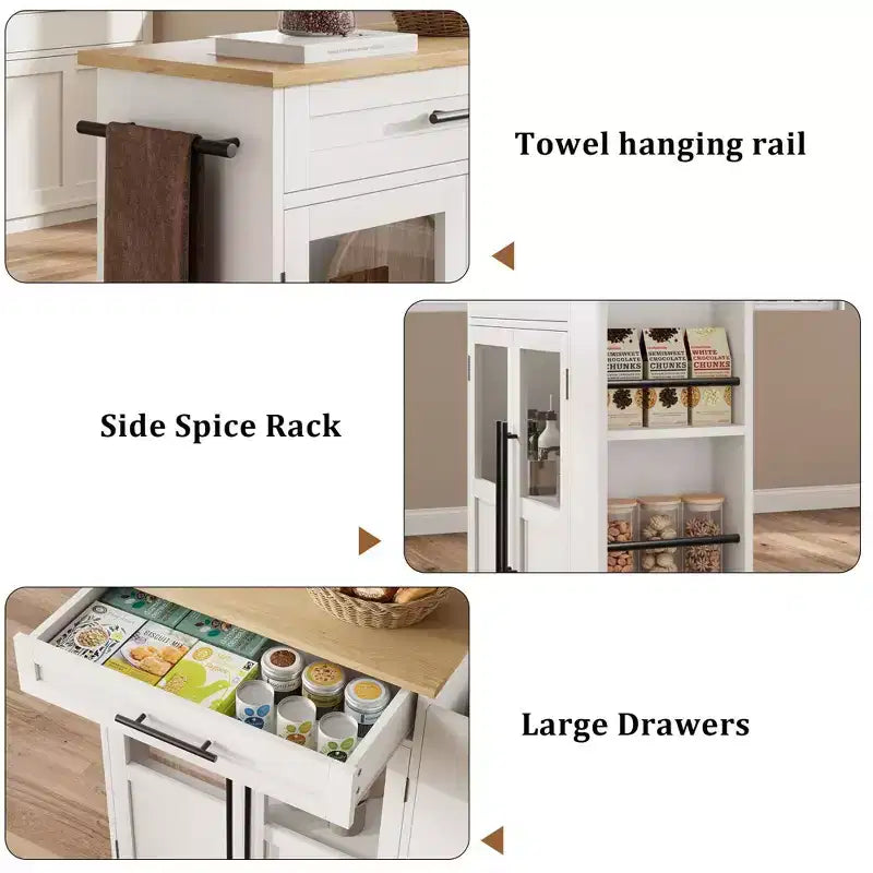 Carrello da Cucina Isola da 42 Pollici con Piano in Legno, Cassetto, Ripiani a 3 Livelli e Ruote Bloccabili