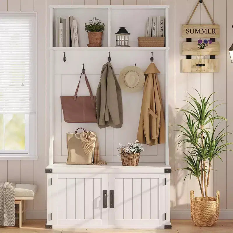 Appendiabiti da ingresso da 193 cm con panca e scarpiera, organizer 4-in-1 per ingresso con appendiabiti, 5 ganci e ripiano regolabile