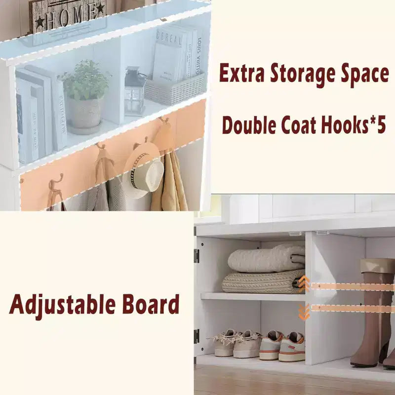 Appendiabiti da ingresso da 193 cm con panca e scarpiera, organizer 4-in-1 per ingresso con appendiabiti, 5 ganci e ripiano regolabile