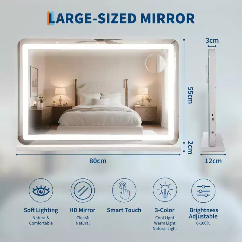 Specchio Trucco LED con Luci, Ingrandimento 10X, 3 Modalità di Colore Dimmerabili, Controllo Touch