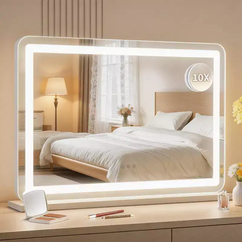 Specchio Trucco LED con Luci, Ingrandimento 10X, 3 Modalità di Colore Dimmerabili, Controllo Touch
