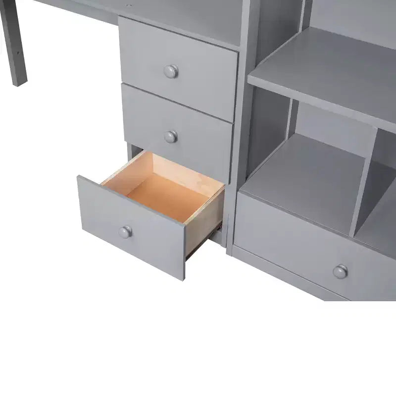 Letto a soppalco singolo con scrivania a L, scala con vani portaoggetti, cassetti e armadietto