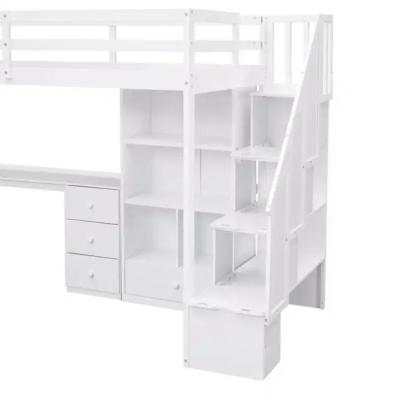 Letto a soppalco singolo con scrivania a L, scala con vani portaoggetti, cassetti e armadietto