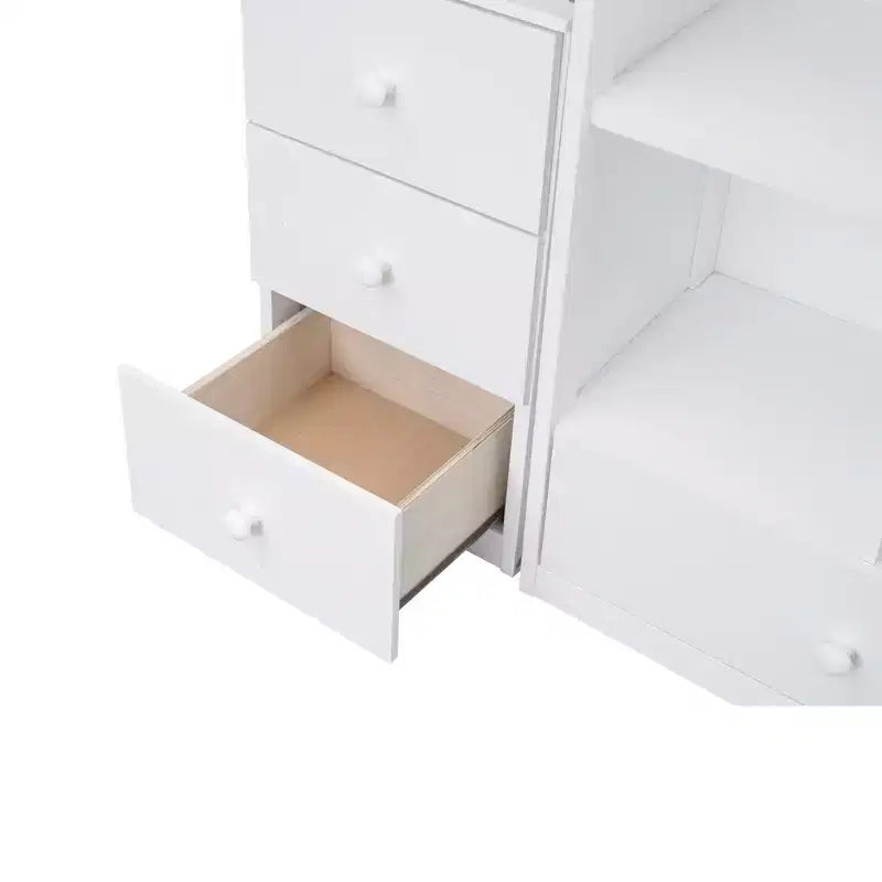 Letto a soppalco singolo con scrivania a L, scala con vani portaoggetti, cassetti e armadietto