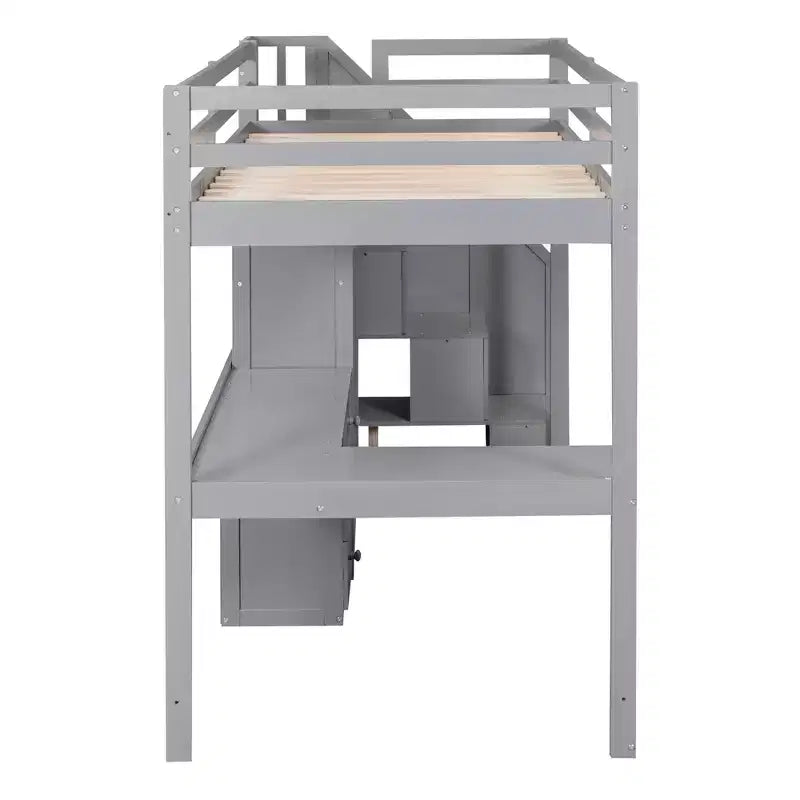 Letto a soppalco singolo con scrivania a L, scala con vani portaoggetti, cassetti e armadietto
