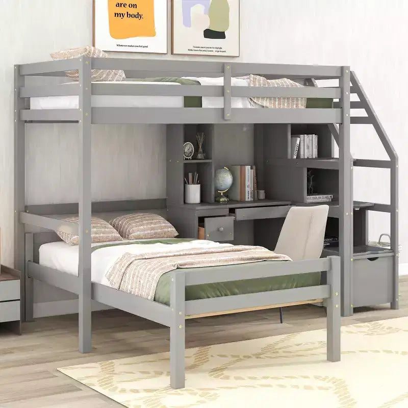 Letto a Castello a L da Una Piazza e Mezza con Scala Contenitore, Scrivania, Ripiani e Cassetti