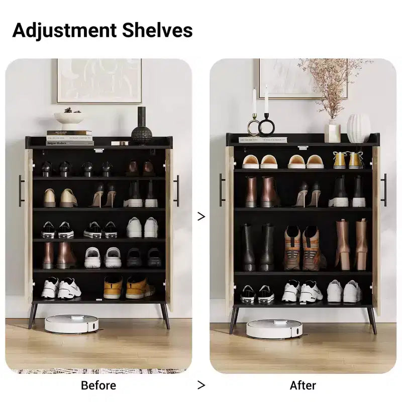 5-Tier Rattan Shoe Cabinet with 2 Doors, Adjustable Shelves, Wooden Shoe Rack for Entryway,