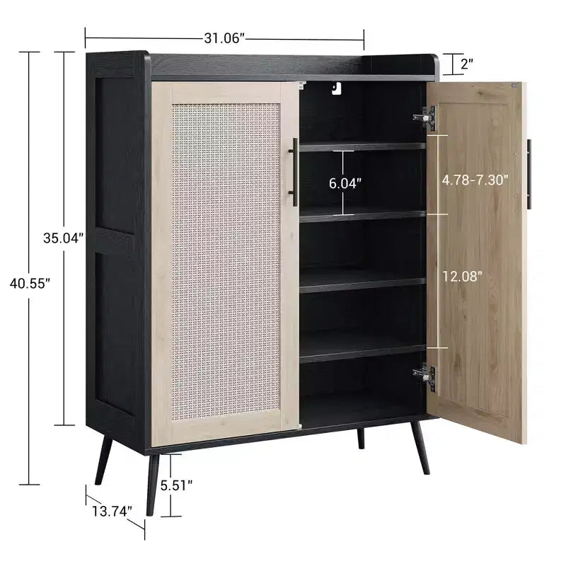 5-Tier Rattan Shoe Cabinet with 2 Doors, Adjustable Shelves, Wooden Shoe Rack for Entryway,
