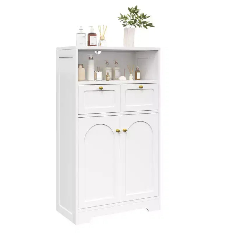 KOLIGEY Modern Bathroom Floor Cabinet with Open Shelf 2 Doors 2 Drawers Storage Cabinet Cupboard for Living Room Kitchen Home Office White