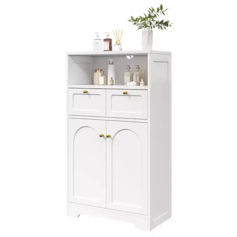 KOLIGEY Modern Bathroom Floor Cabinet with Open Shelf 2 Doors 2 Drawers Storage Cabinet Cupboard for Living Room Kitchen Home Office White