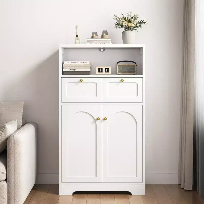 KOLIGEY Modern Bathroom Floor Cabinet with Open Shelf 2 Doors 2 Drawers Storage Cabinet Cupboard for Living Room Kitchen Home Office White