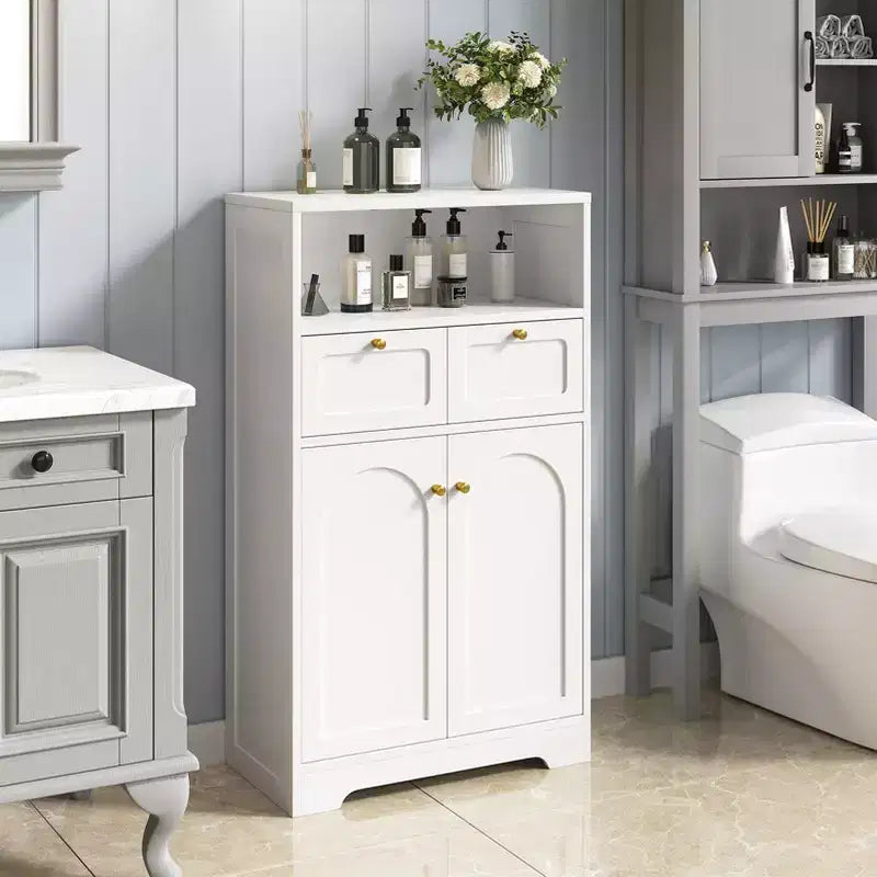 KOLIGEY Modern Bathroom Floor Cabinet with Open Shelf 2 Doors 2 Drawers Storage Cabinet Cupboard for Living Room Kitchen Home Office White
