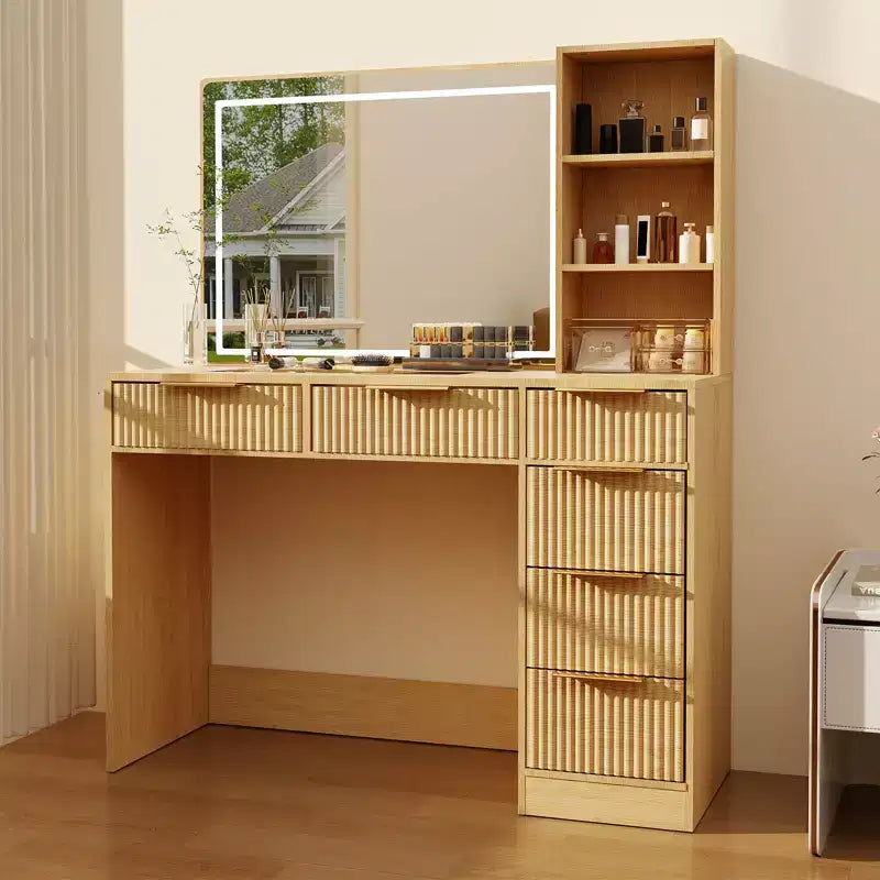 Fluted Vanity Desk with Large Mirror & Lights, Big Makeup Table with 6 Drawers & Charging Station