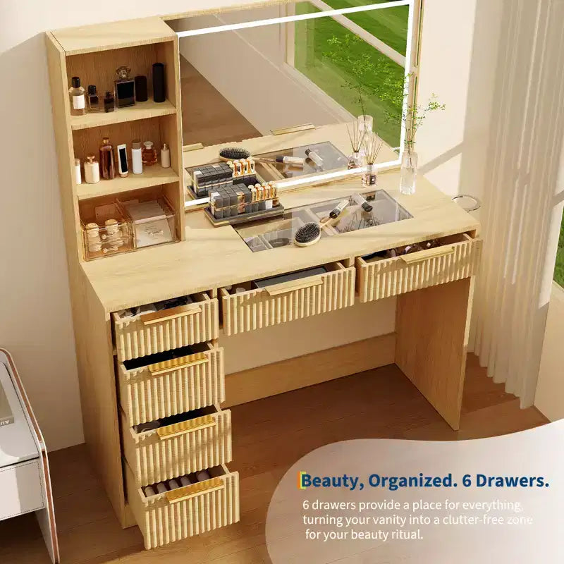 Fluted Vanity Desk with Large Mirror & Lights, Big Makeup Table with 6 Drawers & Charging Station