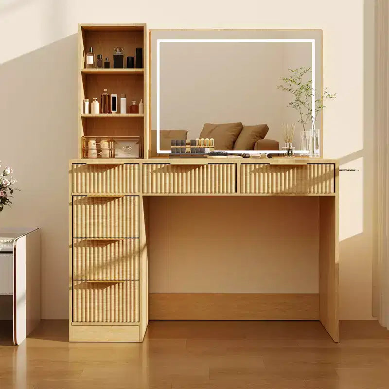 Fluted Vanity Desk with Large Mirror & Lights, Big Makeup Table with 6 Drawers & Charging Station