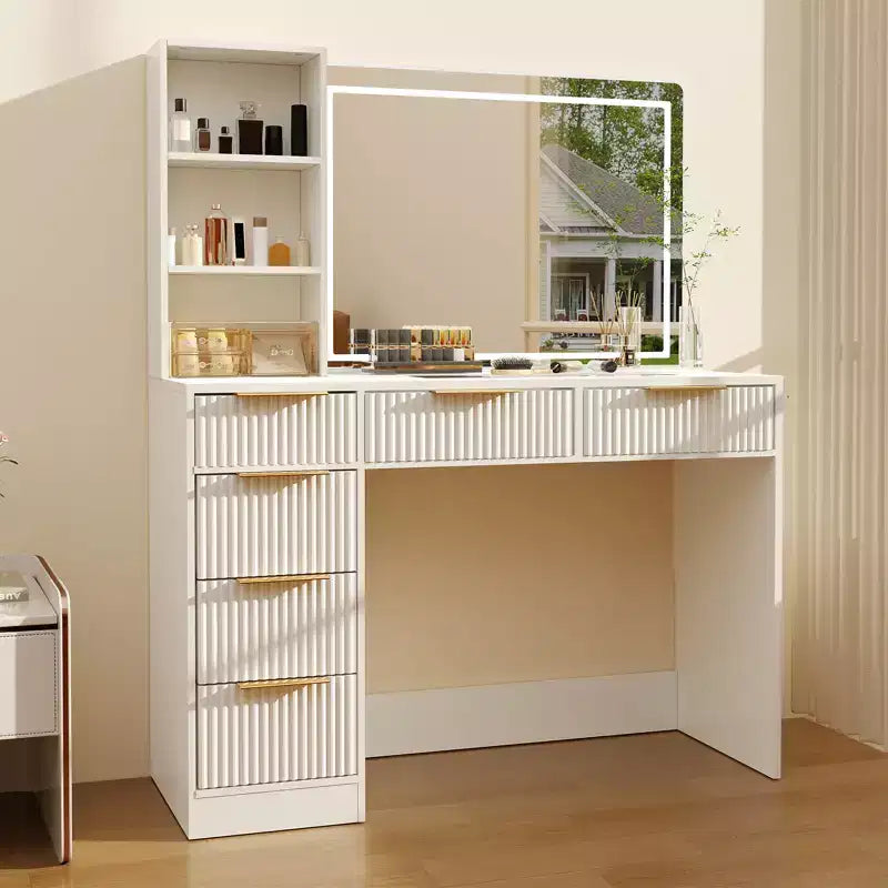 Fluted Vanity Desk with Large Mirror & Lights, Big Makeup Table with 6 Drawers & Charging Station