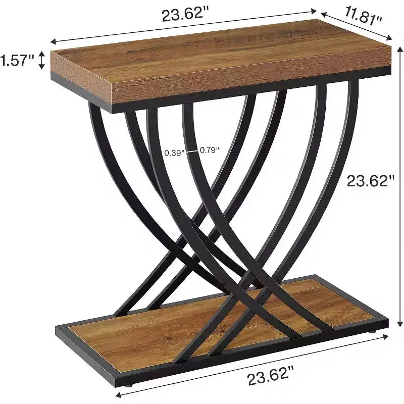 Table d'appoint étroite à 2 niveaux Lantine, table d'extrémité industrielle avec cadre métallique pour salon, chambre, canapé, petits espaces, marron rustique