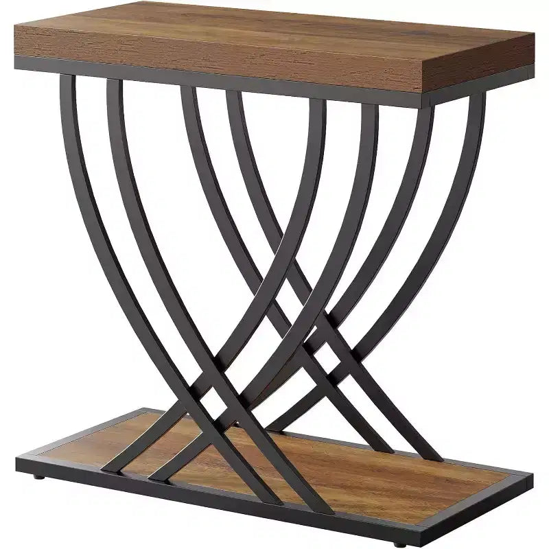 Table d'appoint étroite à 2 niveaux Lantine, table d'extrémité industrielle avec cadre métallique pour salon, chambre, canapé, petits espaces, marron rustique