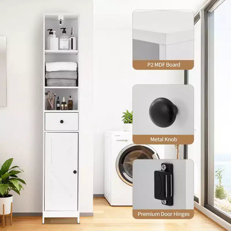 Armadietto stretto da 167 cm con anta singola e cassetto – Ripiani regolabili per bagno, cucina o soggiorno