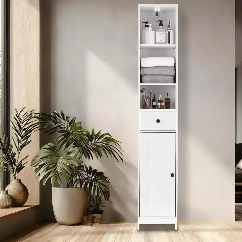 Armadietto stretto da 167 cm con anta singola e cassetto – Ripiani regolabili per bagno, cucina o soggiorno