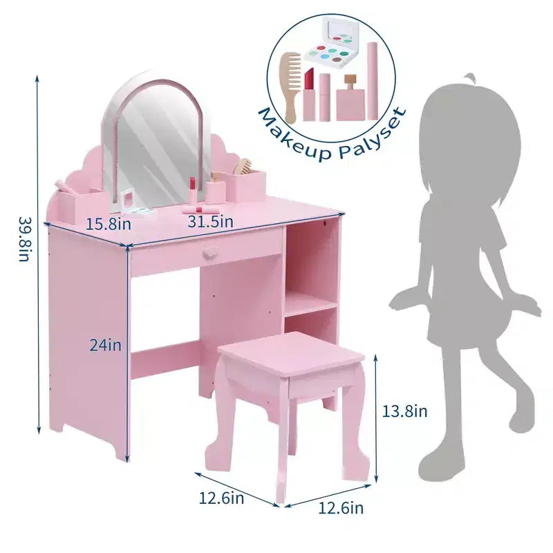 Set toeletta e sgabello per bambini con specchio illuminato, cassetto e ripiani aperti per bambine dai 3 anni in su