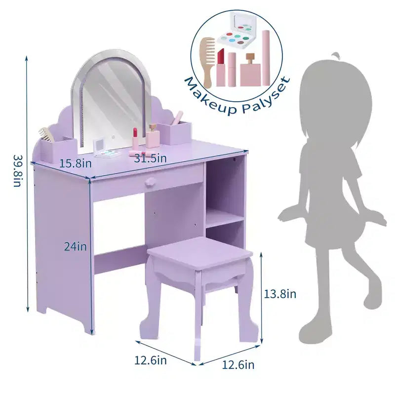 Set toeletta e sgabello per bambini con specchio illuminato, cassetto e ripiani aperti per bambine dai 3 anni in su